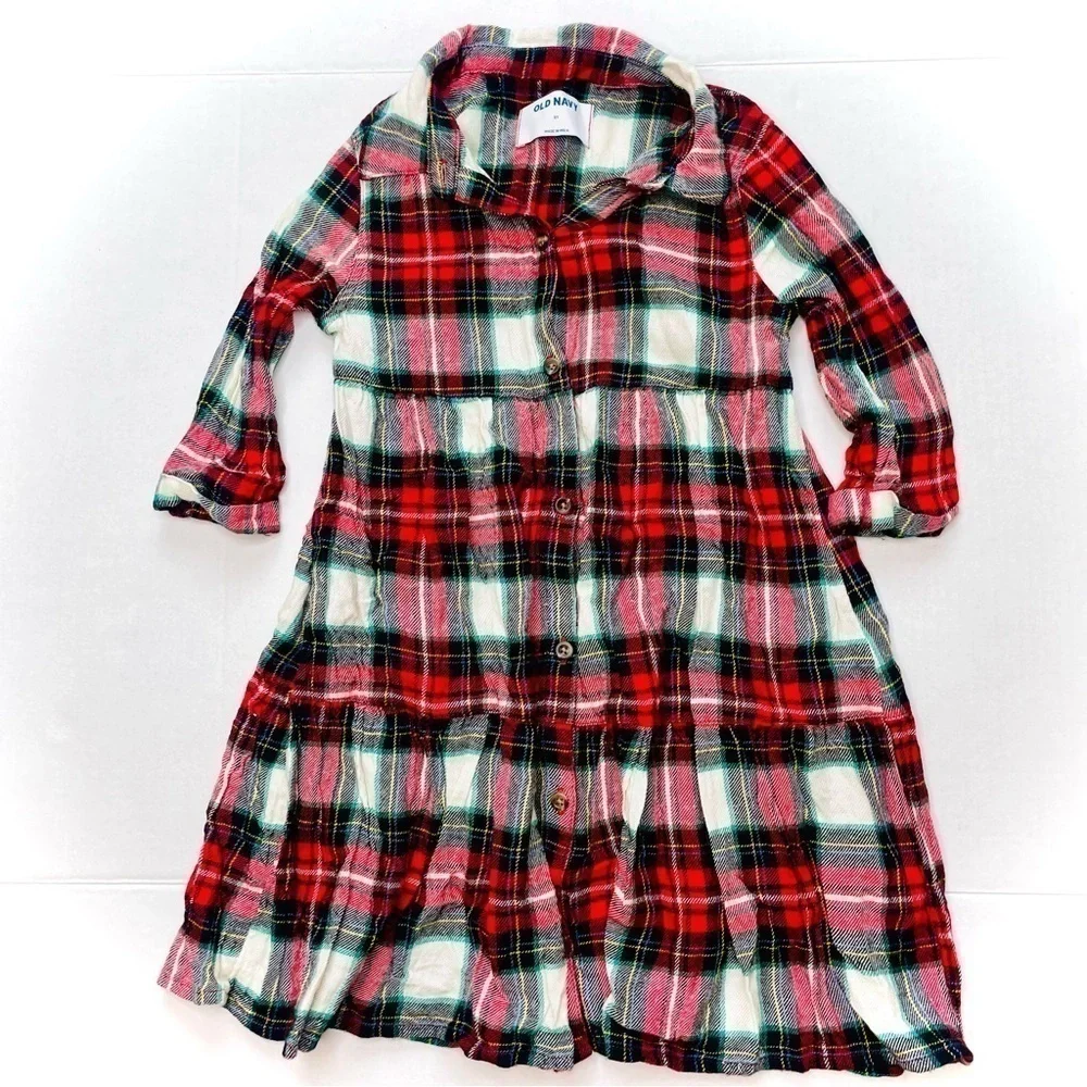 OLD Navy Plaid Button Down Flannel Tiered Dress in Red, Green & White